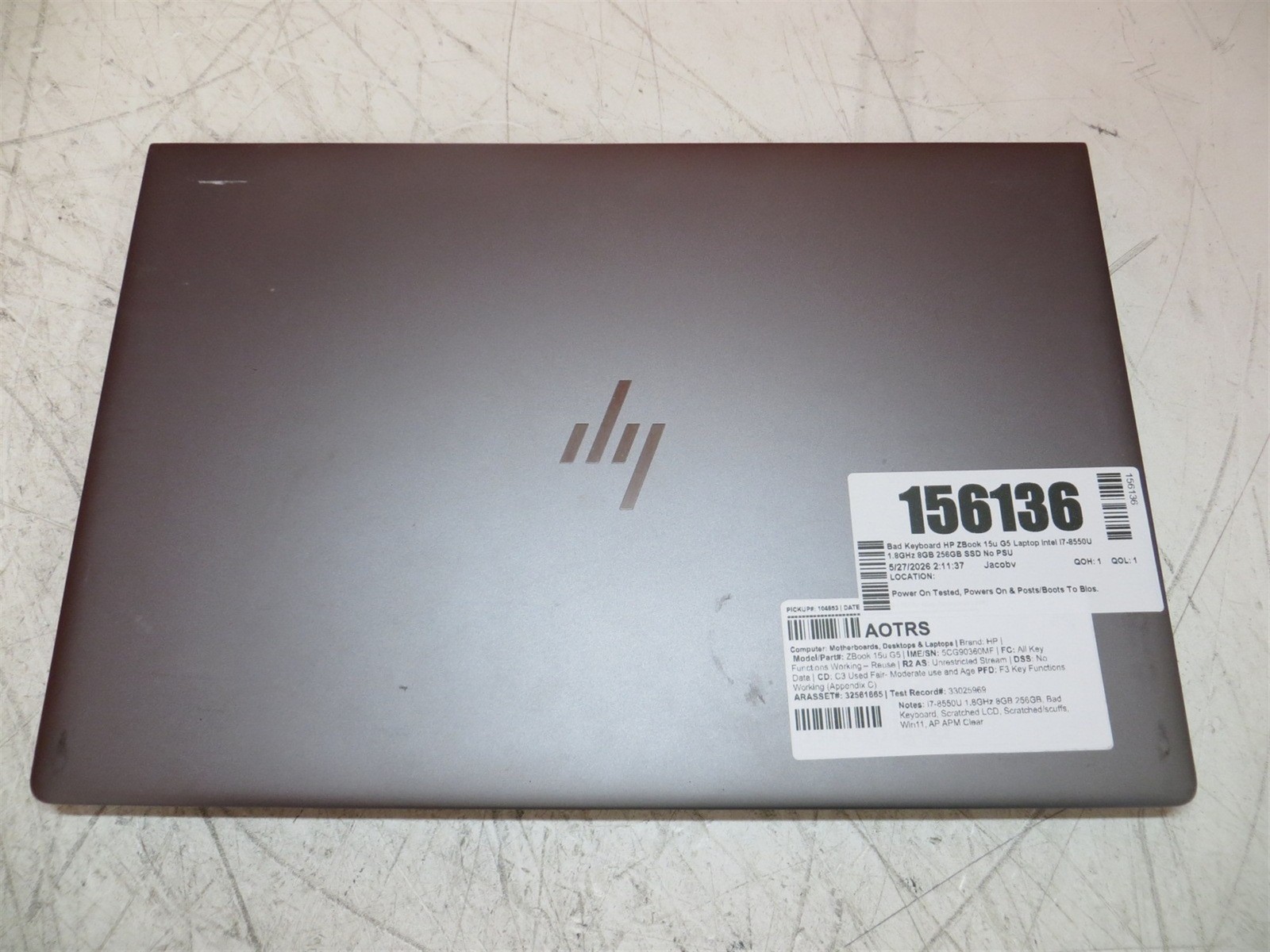 Bad Keyboard HP ZBook 15u G5 Laptop Intel i7-8550U 1.8GHz 8GB 256GB SSD No PSU