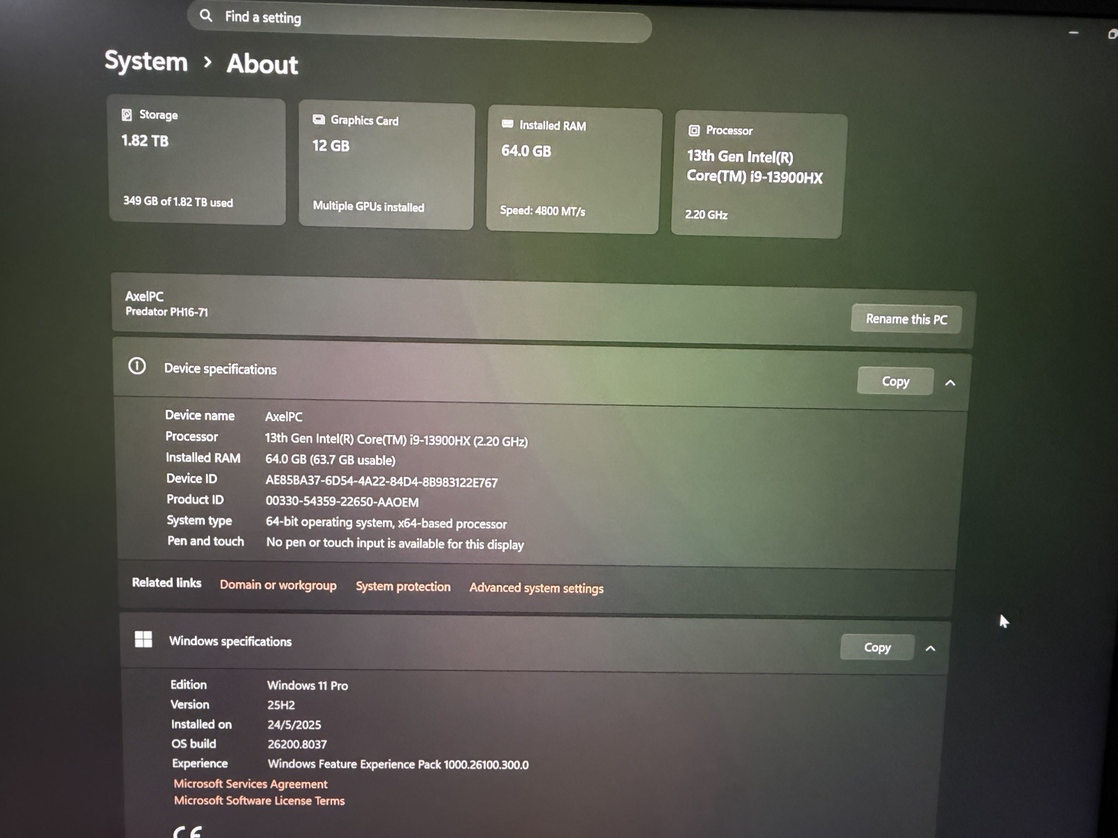 Acer Predator Helios 16 PH16-71 Gaming Laptop i9 RTX 4080 64GB 1.8TB SSD 16″ W11