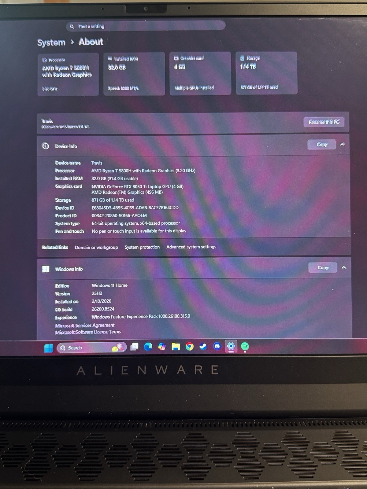 Alienware m15 R5 15.6″ Ryzen 7 5800H 32GB RTX 3050 Ti 1TB SSD Win11