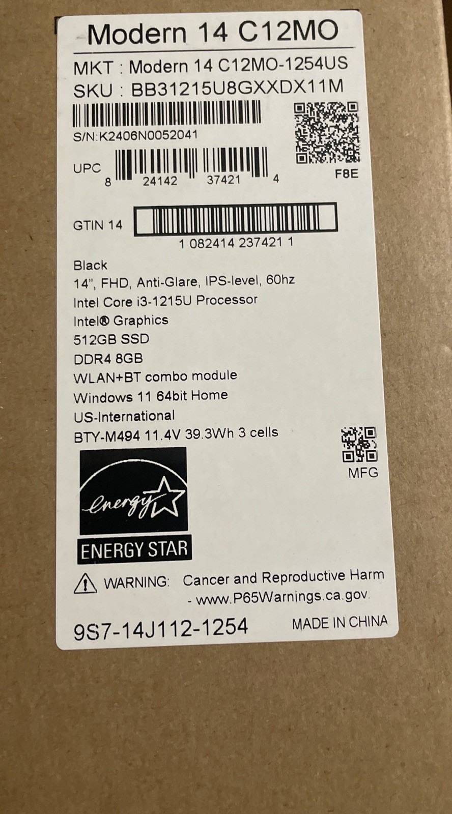 MSI Modern 14 C12MO-1254US Black 14″ i3-1215U 512GB 8GB Win 11 Laptop Computer
