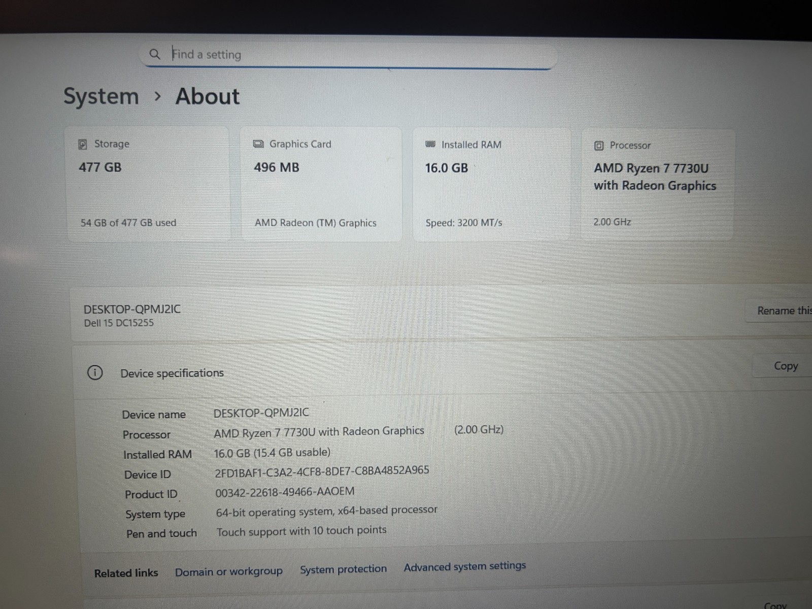 DELL 15 DC15255 G8MK9, AMD Ryzen 7 7730U, 16 GB RAM, 512 GB NVMe SSD