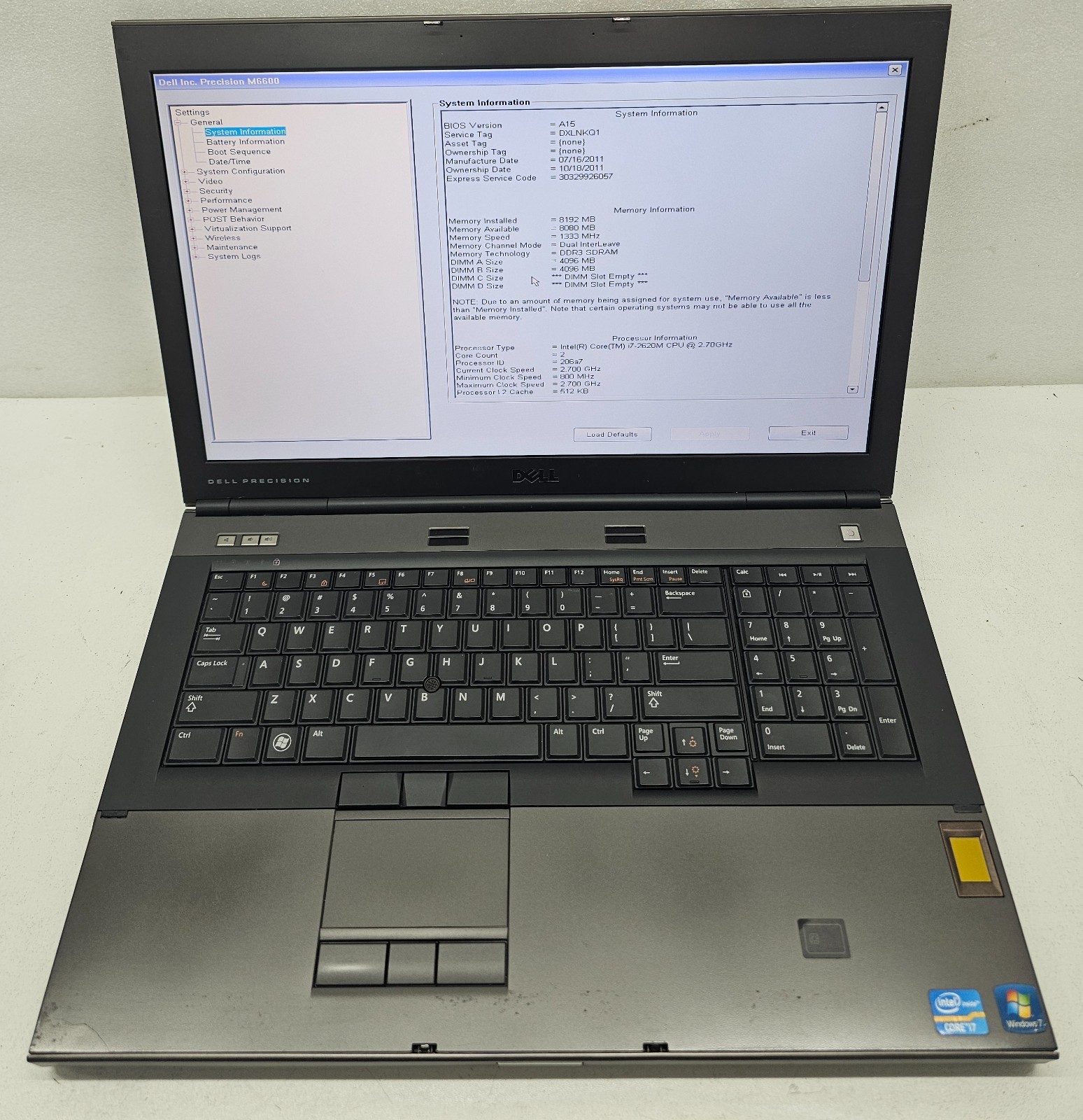 Dell Precision M6600 17.3″ Laptop Intel Core i7-2620M 8GB Ram NO HD/OS (FL)