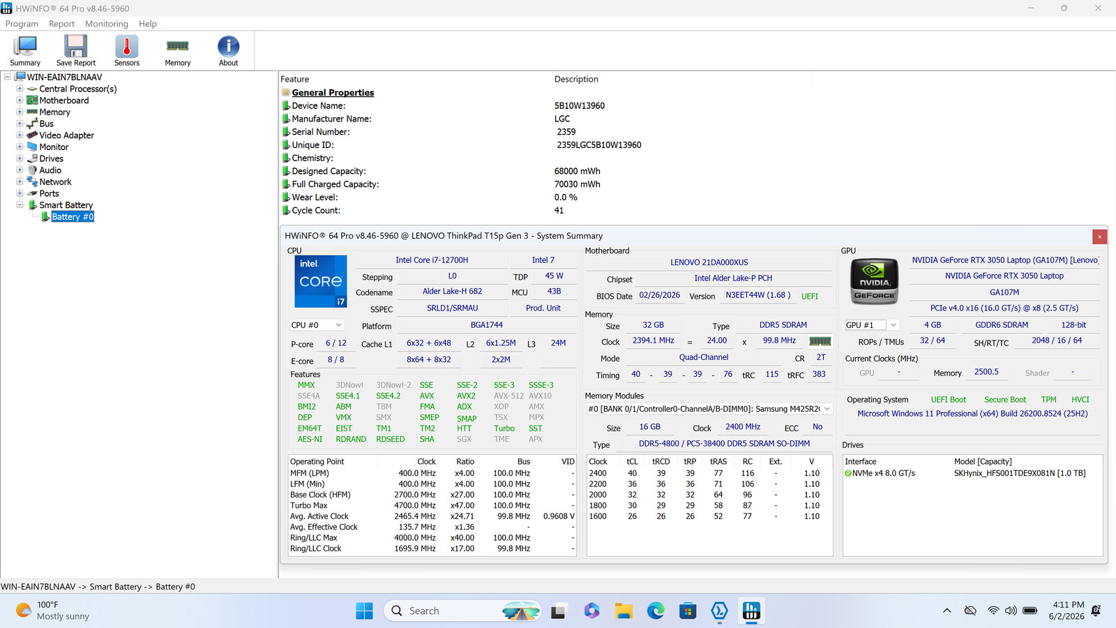 Lenovo ThinkPad T15p Gen 3 15.6 4K i7-12700H 32GB 1TB RTX 3050 Grade D READ