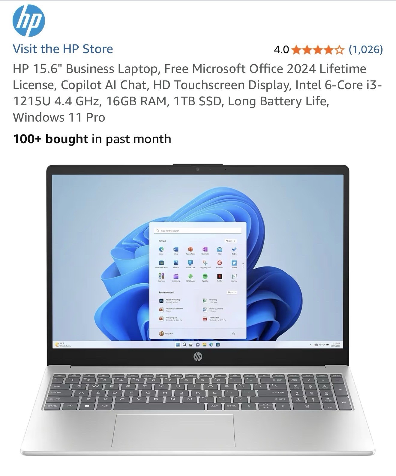 HP 15.6″ Laptop, 6-Core Intel i3 1215U 4.4GHz 16GB RAM & 1TB SSD, Win 11(NO BOX)
