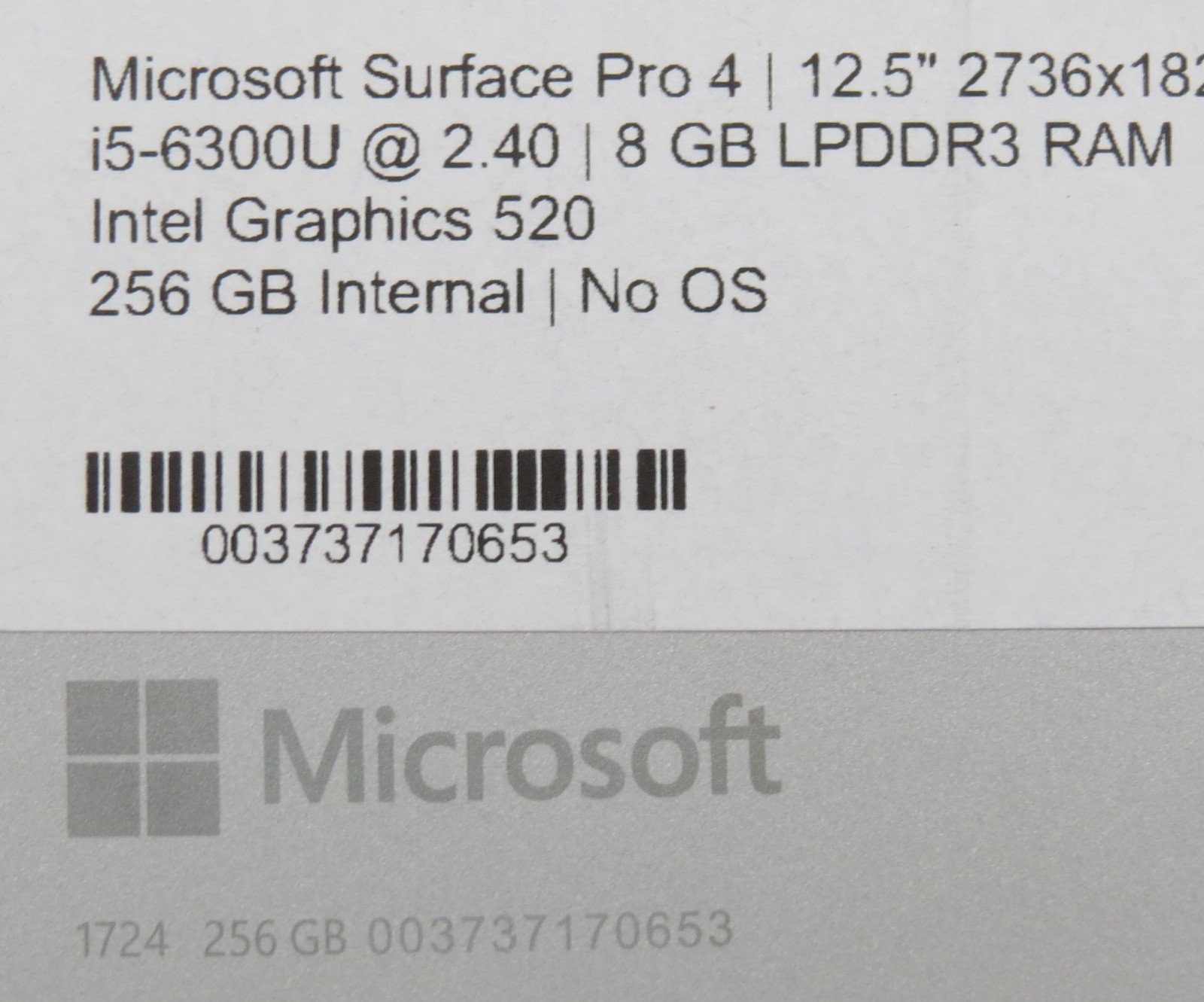 Microsoft Surface Pro 4 i5-6300U@2.4GHz 8GB RAM 12″ 256GB HD No OS/AC