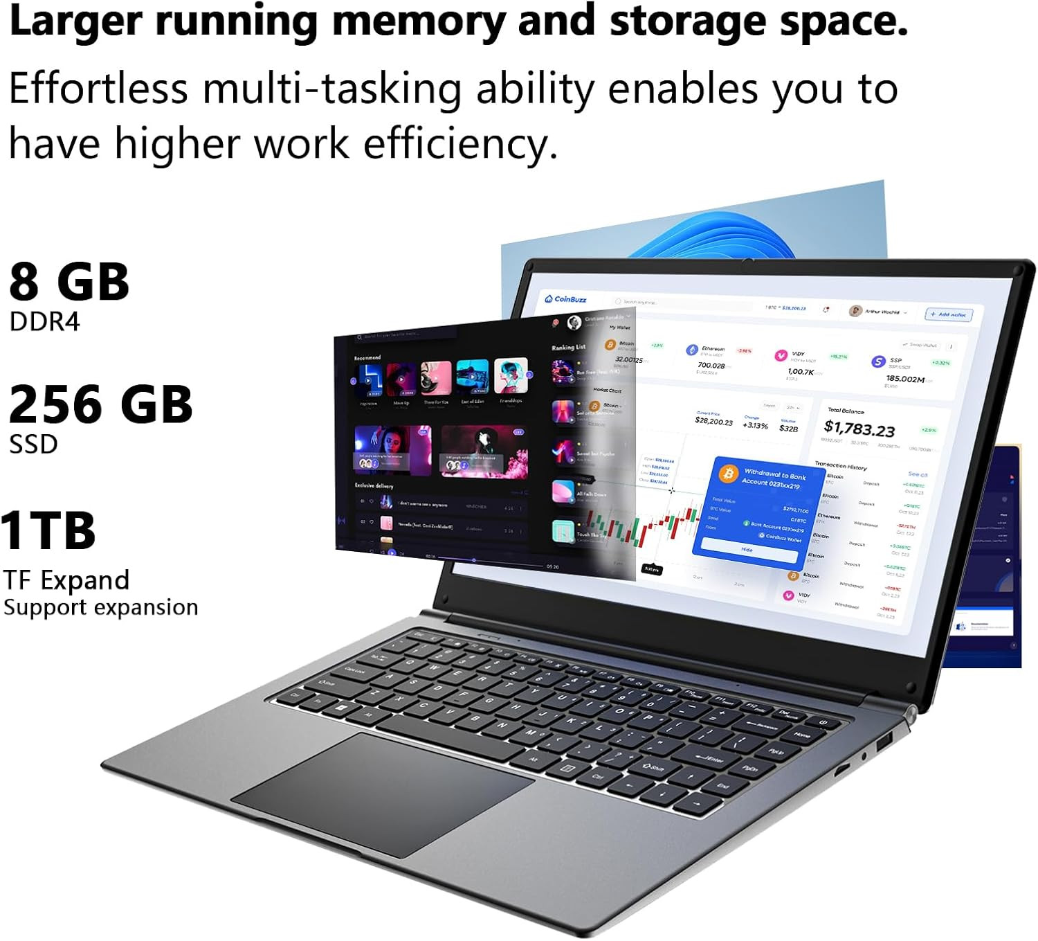 Laptop 16-Inch , 8GB DDR 256GB SSD Portable Laptop Computer, Expandable to 1TB,