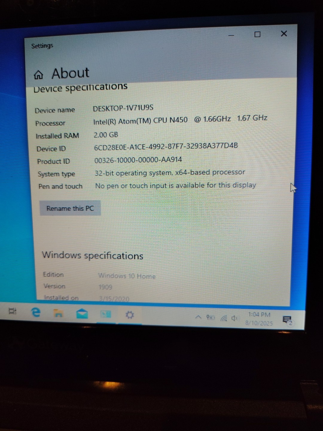 10″ Gateway Laptop LT27 PAV80 Intel Atom N450 1.66 Windows 10 AS IS Working
