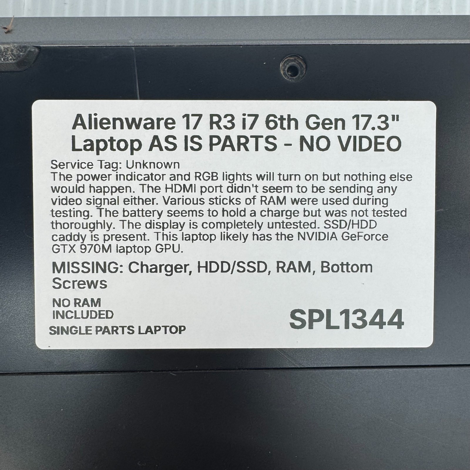 Alienware 17 R3 i7 6th Gen 17.3″ Laptop AS IS for PARTS – NO VIDEO