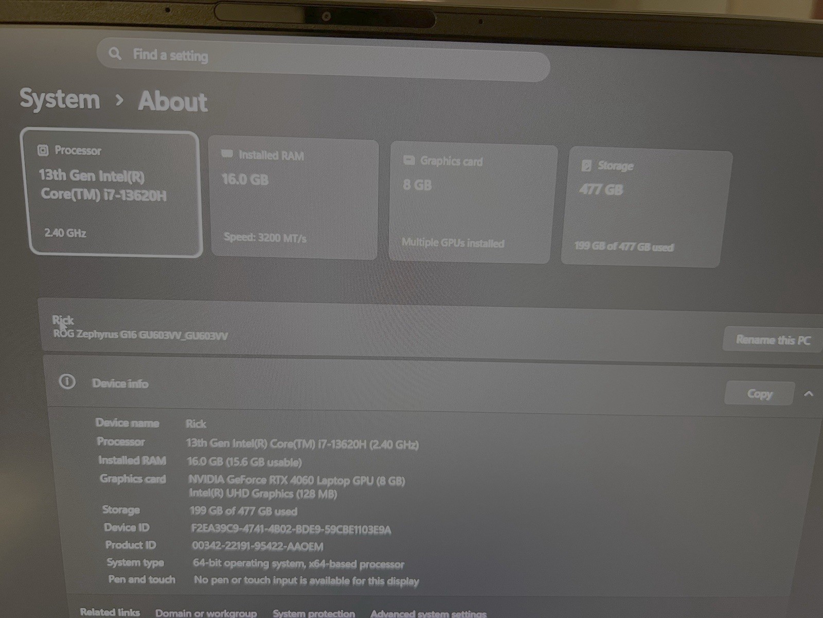 Asus ROG Zephyrus G16 GU603 16″ i7-13620H 2.4GHz 16GB RAM 512GB SSD RTX 4060