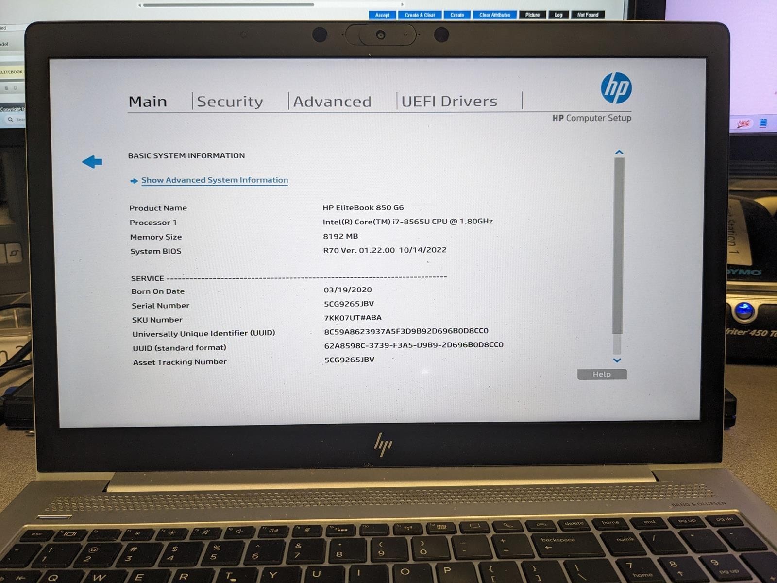 HP ELITEBOOK 850 G6 i7-8565U @ 1.80GHz, 8GB RAM, NO HDD/OS – (FOR PARTS)