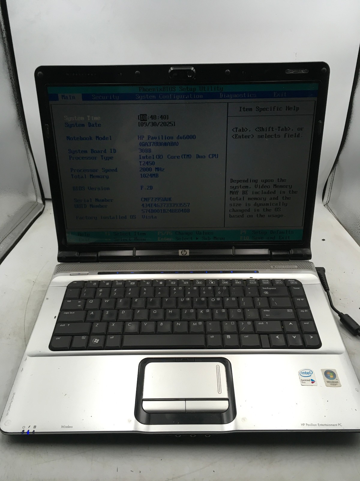 HP PAVILION DV6000 – BOOTS TO BIOS – INTEL CORE DUO T2450 – 1GB RAM – READ – BB