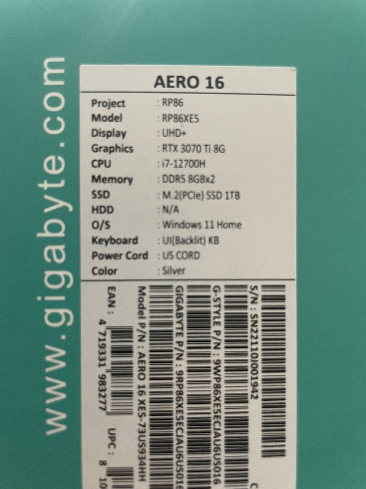Gigabyte Aero 16 Intel Core i7-12700H RTX 3070 Ti 16GB RAM 1TB SSD 16” 4K OLED
