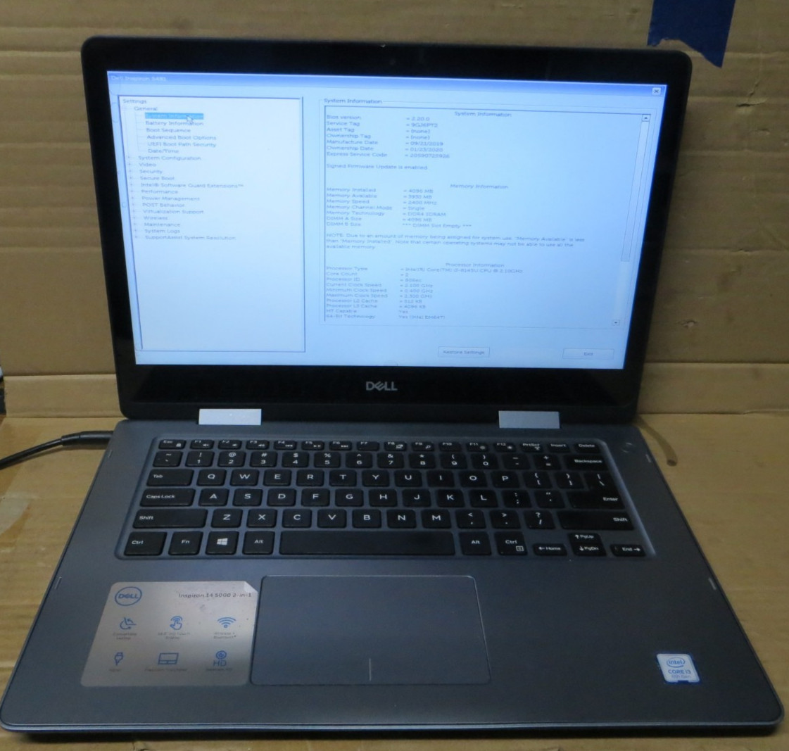 Dell Inspiron 5481 2-IN-1 14″ i3-8145u 2.1GHz 4GB RAM for Parts or Repair