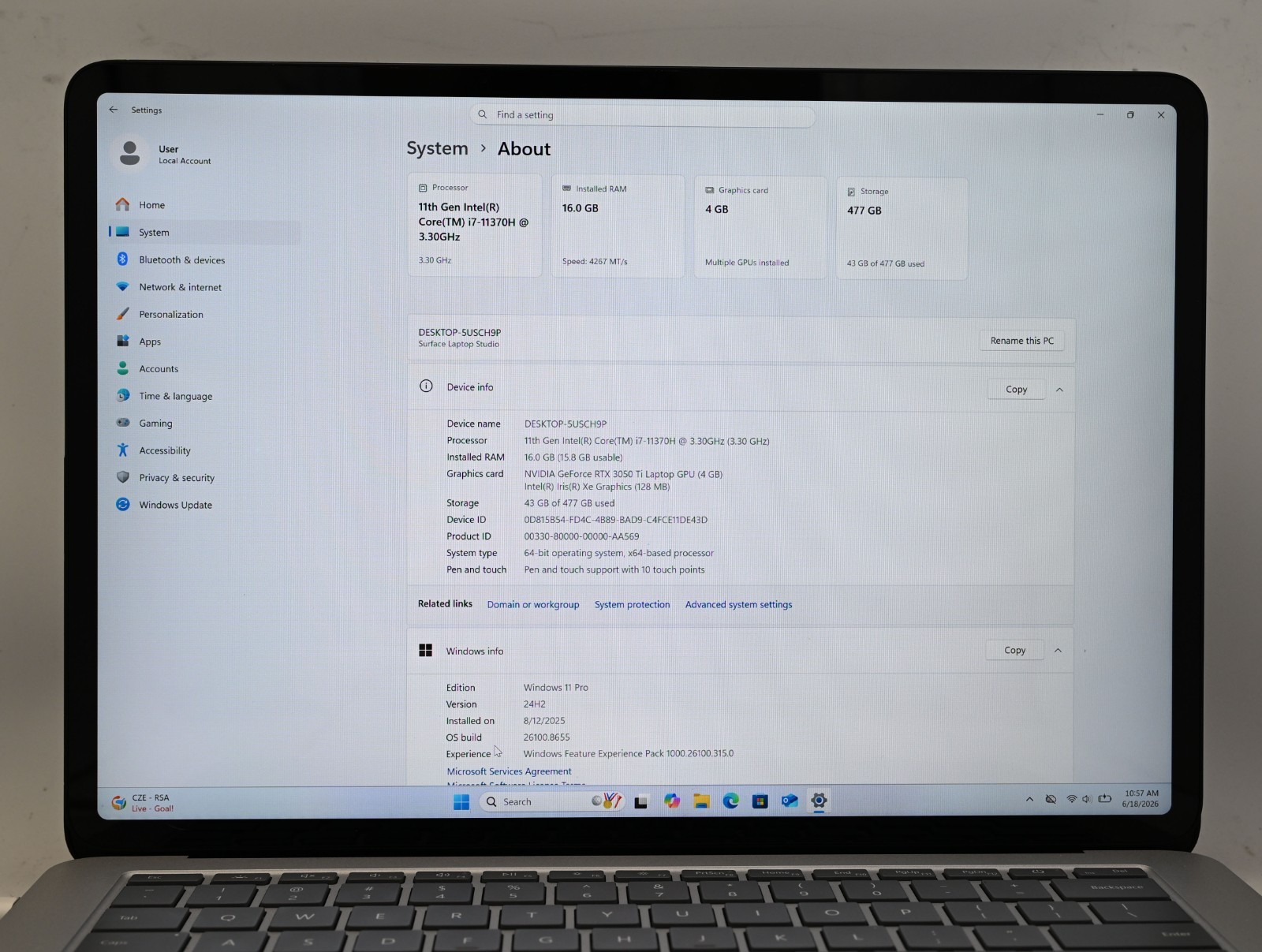 Microsoft Surface Laptop Studio i7-11370H 3.3GHz 16GB RAM 512GB SSD RX 3050-Ti