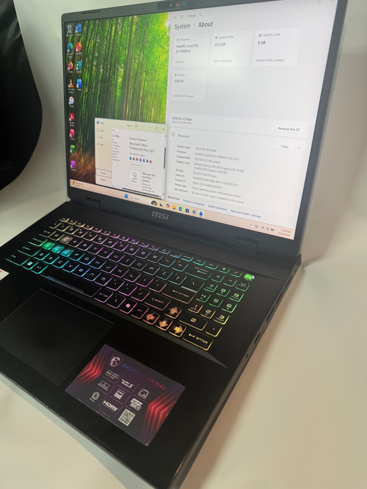 MSI Sword 17 HX B14V – 4TB SSD- i9 14900HX – 32GB DDR5- RTX 4070-MS Office 21 P