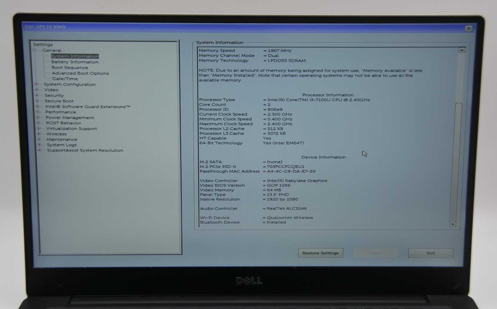 Dell XPS 13 9360 13.3″ _ i3-7100U @ 2.40 _ 4GB RAM _ 256GB SSD _ No OS _ w/ AC