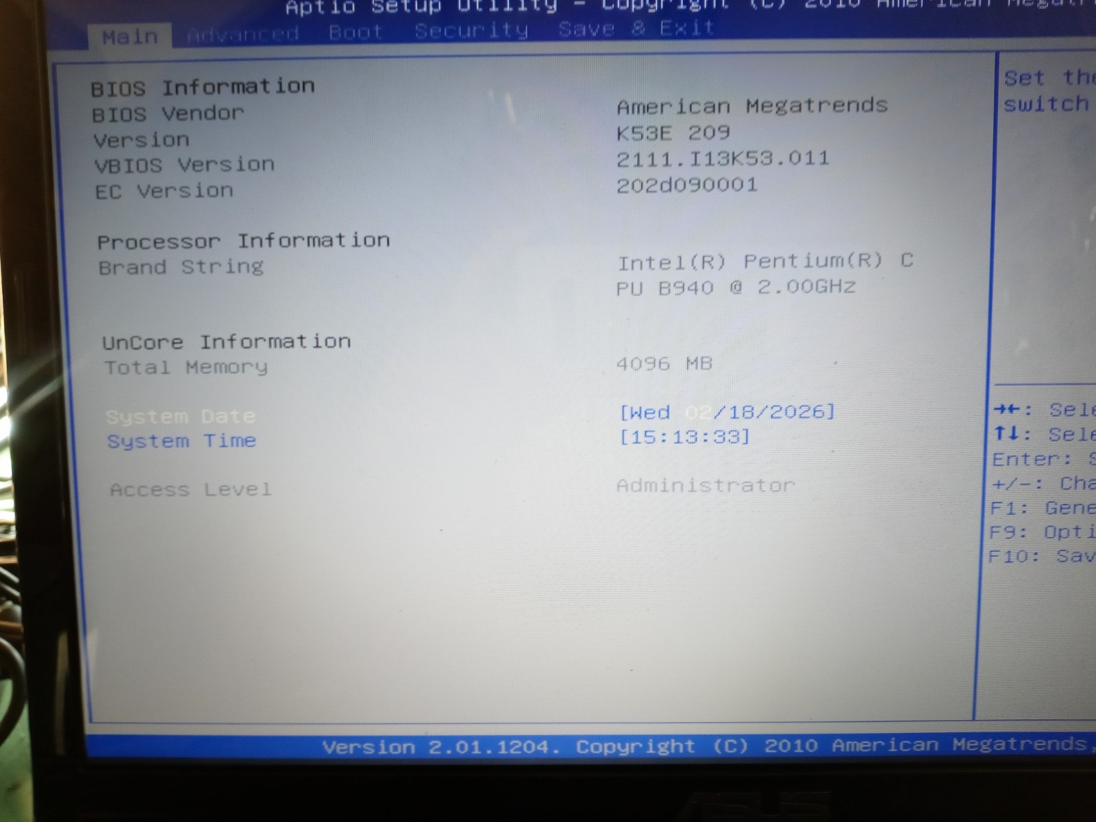 ASUS K53E Laptop FPONW 4GB PENTIUM B940 2.0GHZ No Charger/HD/OS VIEW PIC