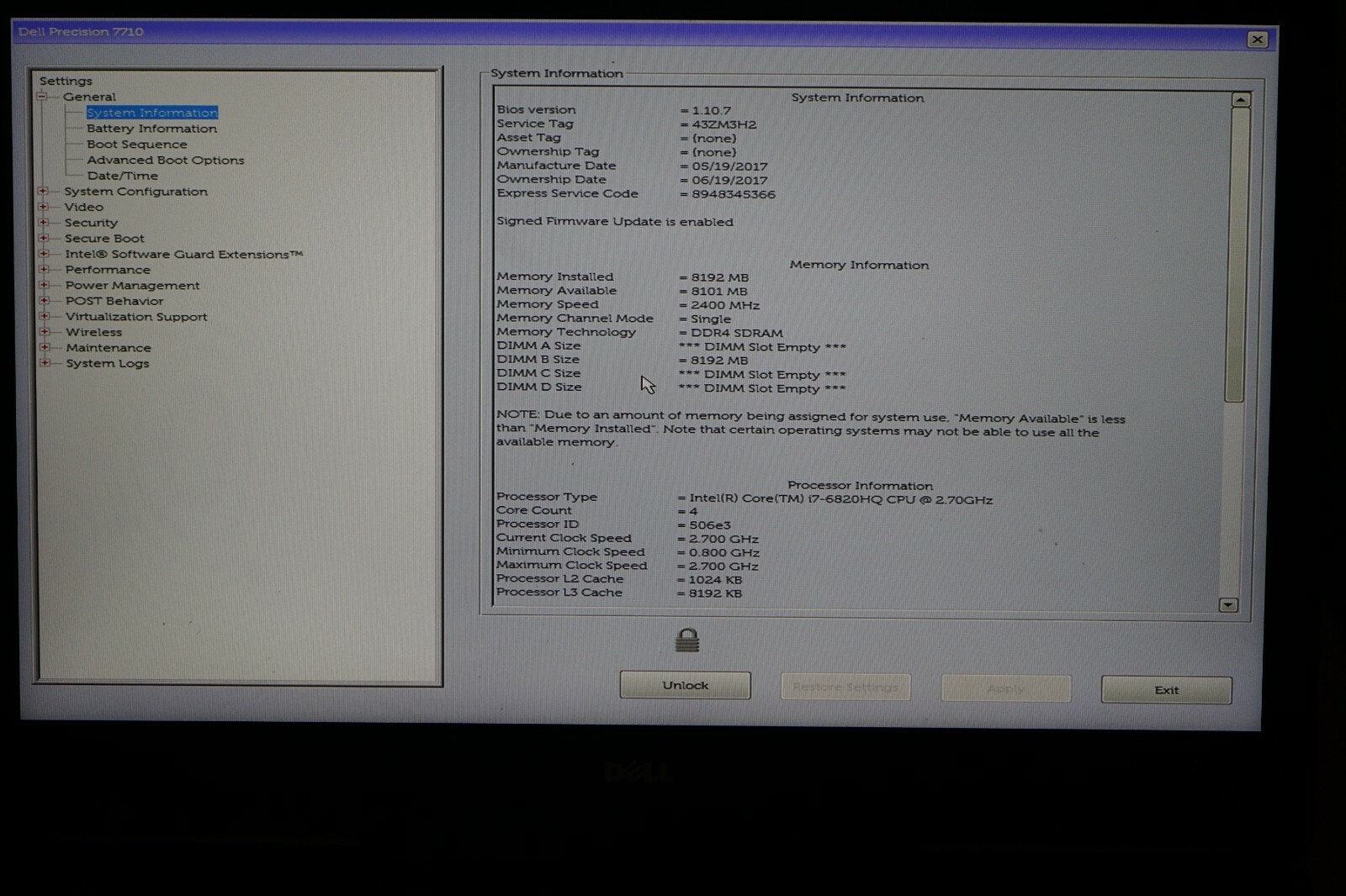 ^ Dell Precision 7710 Intel Core i7-6820HQ @2.70GHz 8GB Ram No HD “READ” #C1180