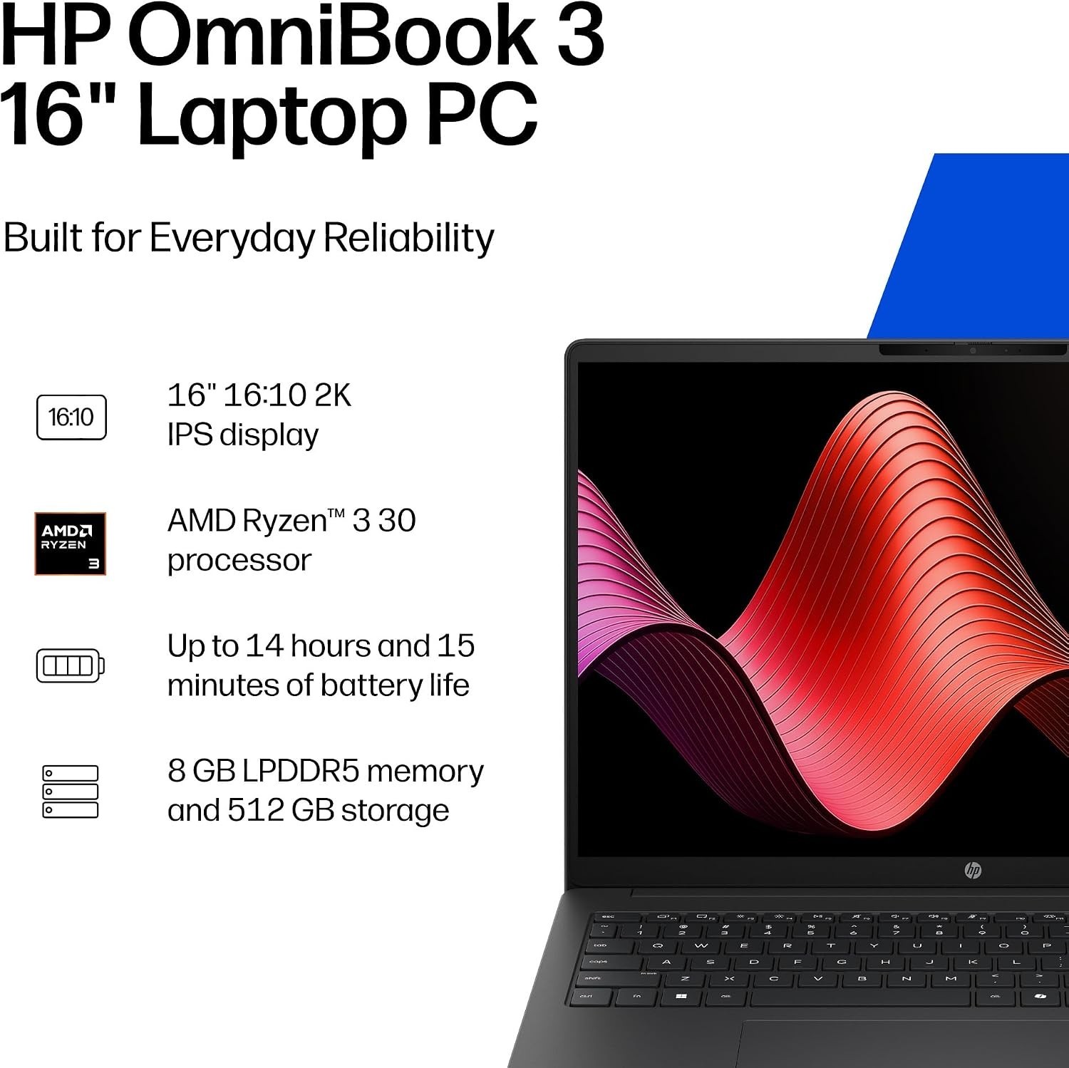 HP OmniBook 3 16 inch Laptop PC, 2K Touchscreen, AMD Ryzen 3 30, 8GB 16-by0299nr