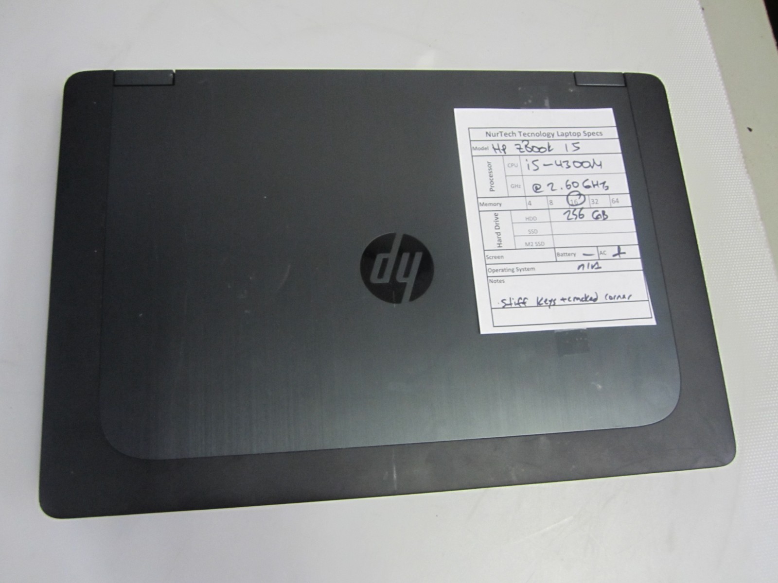 HP ZBook 15 i5-4300M 2.6GHz 16GB 256GB .Laptop + AC NO OS, STIFF KEYS READ~