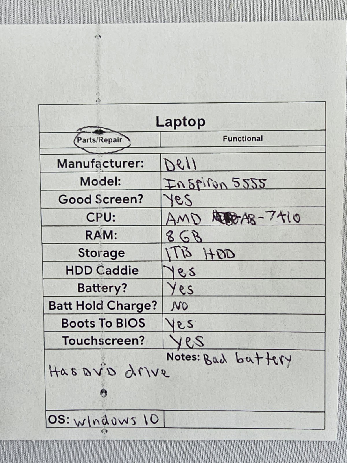 Dell Inspiron 5555 Laptop – AMD A8-7410 – 8GB RAM – 1TB HDD – BAD BATT – Win 10