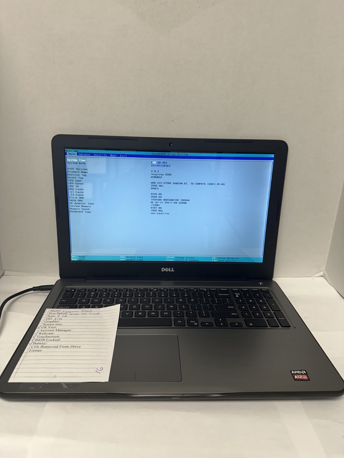 Dell Inspiron 5565 AMD A12-9700 8GB RAM 1 TB HDD (No OS or Charger)