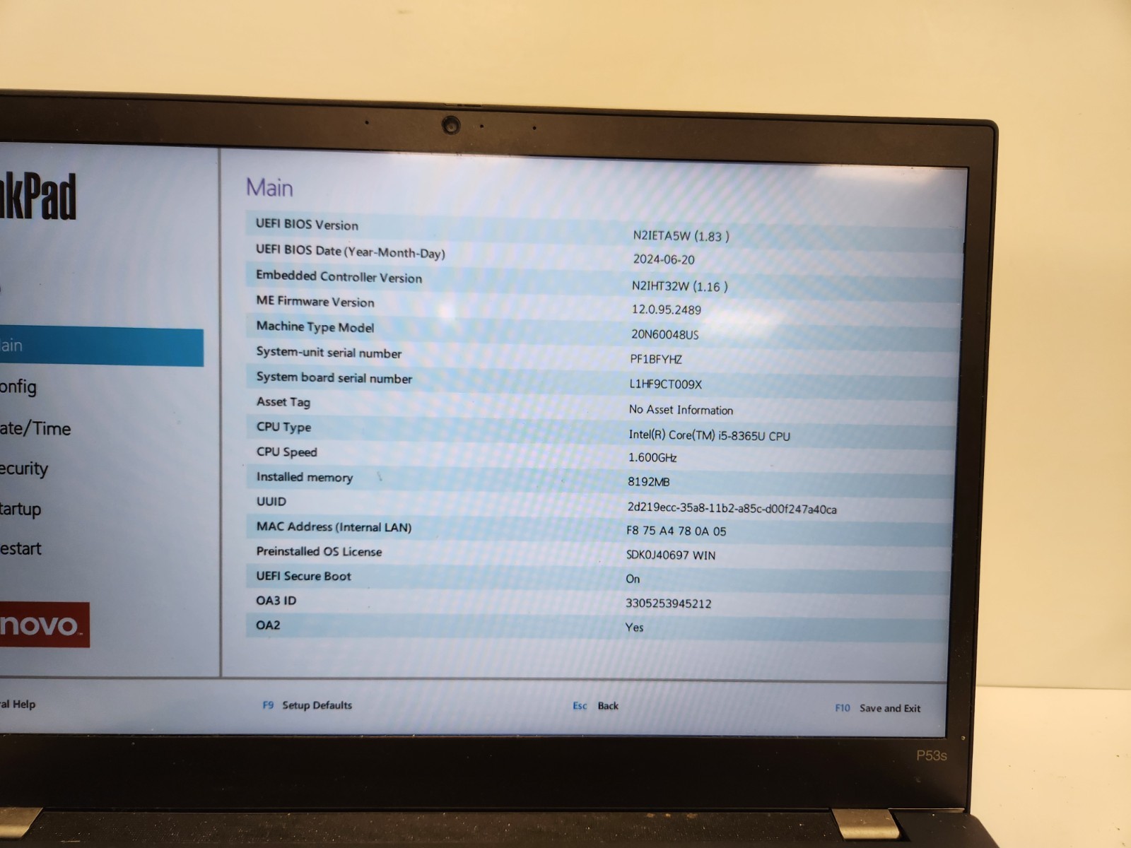 Lenovo Thinkpad P53s Core i5-8365U, 8GB RAM, 14″ Laptop for Repair #0471