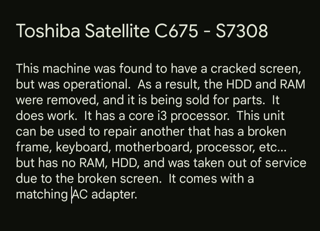 Toshiba Satellite C675 – S7308 Laptop (Cracked Screen, No RAM, No HDD)