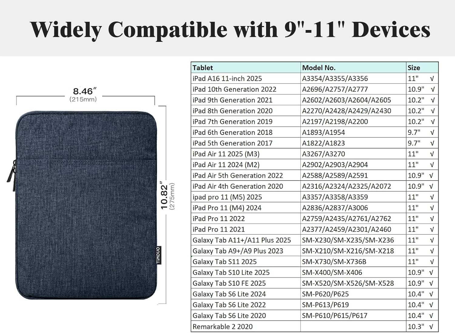 9-11″ Tablet Sleeve Bag for iPad 11-inch A16 2025, iPad 10.9″/10.2″ and Galaxy T