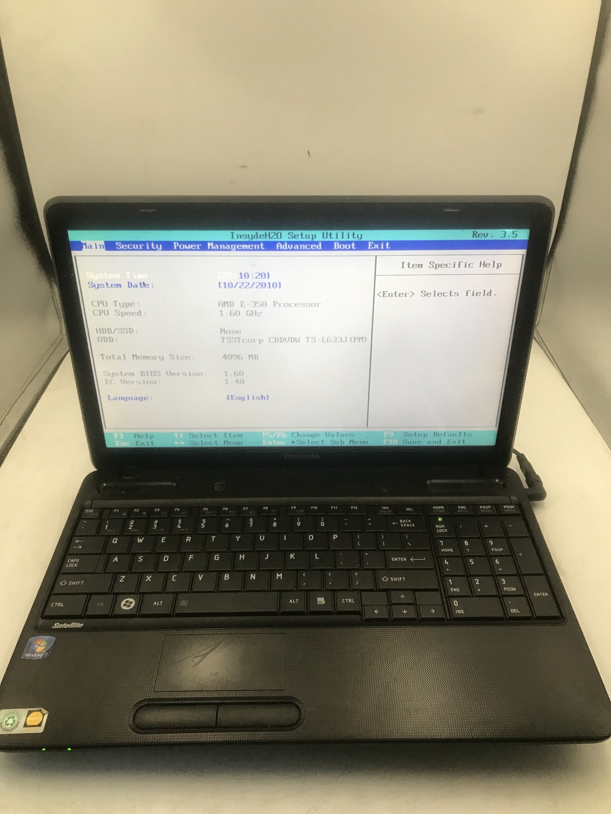 TOSHIBA SATELLITE C655D S5209 – BOOTS TO BIOS – AMD E 350 – NO RAM -READ DESC-BB
