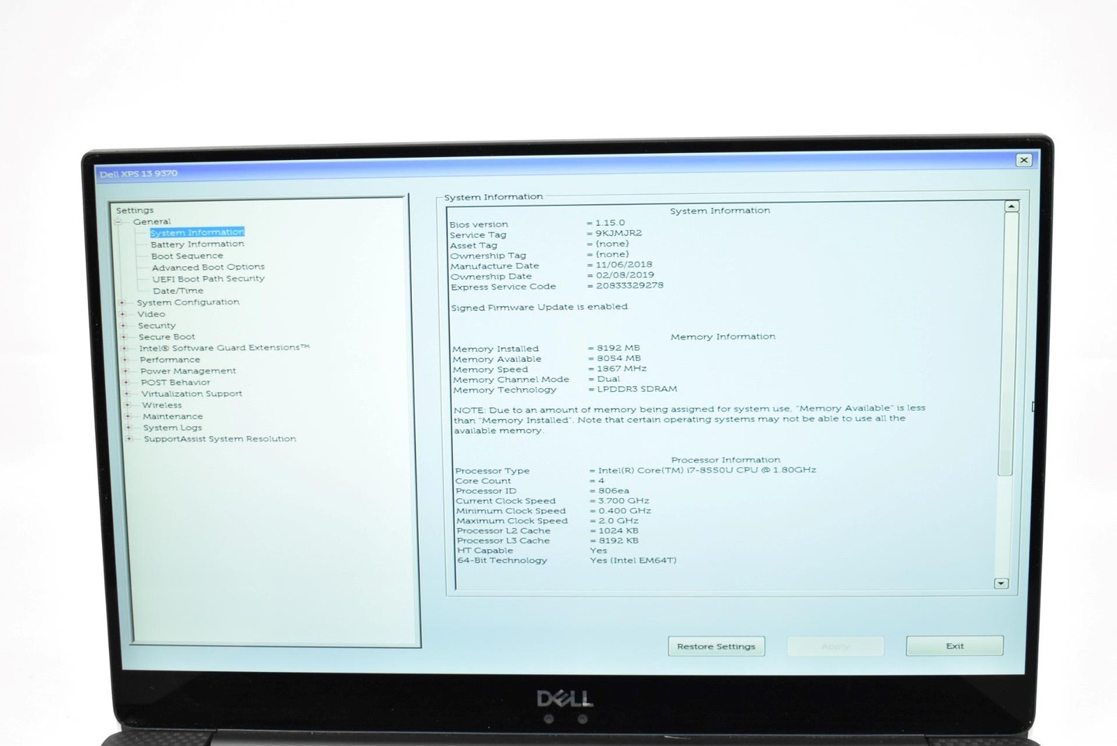 Dell XPS 13 9370 Laptop i7-8550U 1.8GHz 8GB 256GB SSD HD No OS 13.3″ *See Detail
