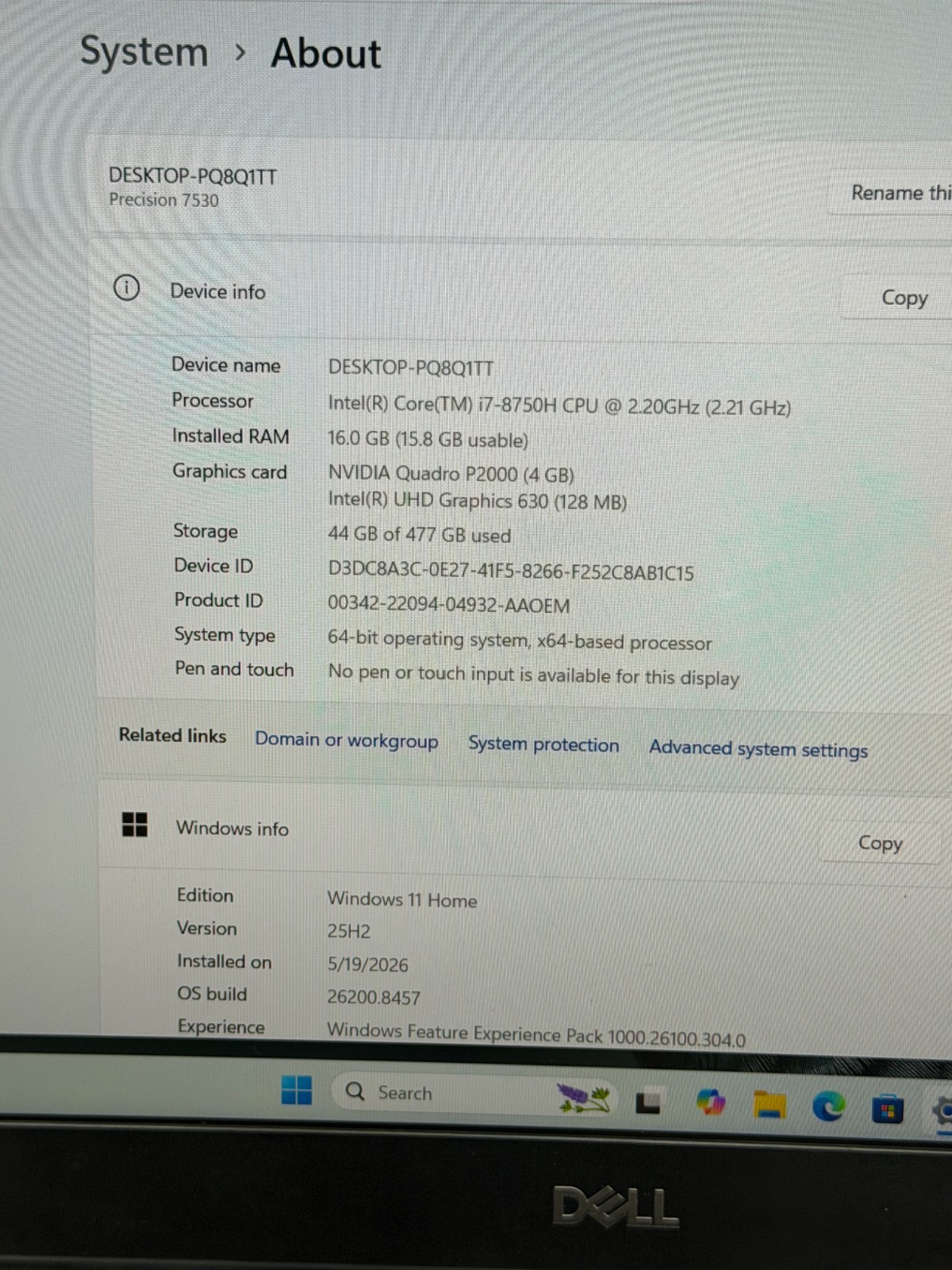 DELL PRECISION 7530 i7-8750H@2.20GHz 16GB 512GB NVMe W11H NVIDIA P2000 *READ