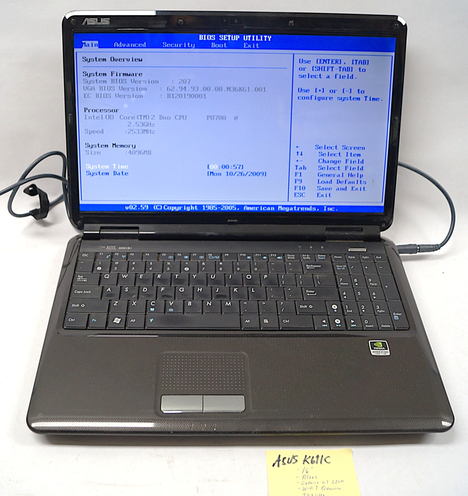 ASUS K61IC 16″ Notebook Altec 4GB Mem 2.53GHz Win7 Intel Core 2 WORKING PoR B153