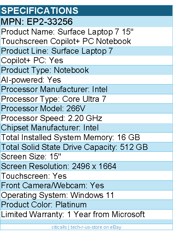 Microsoft EP2-33256 Surface Laptop 7 15″ Touchscreen Copilot+ PC Notebook