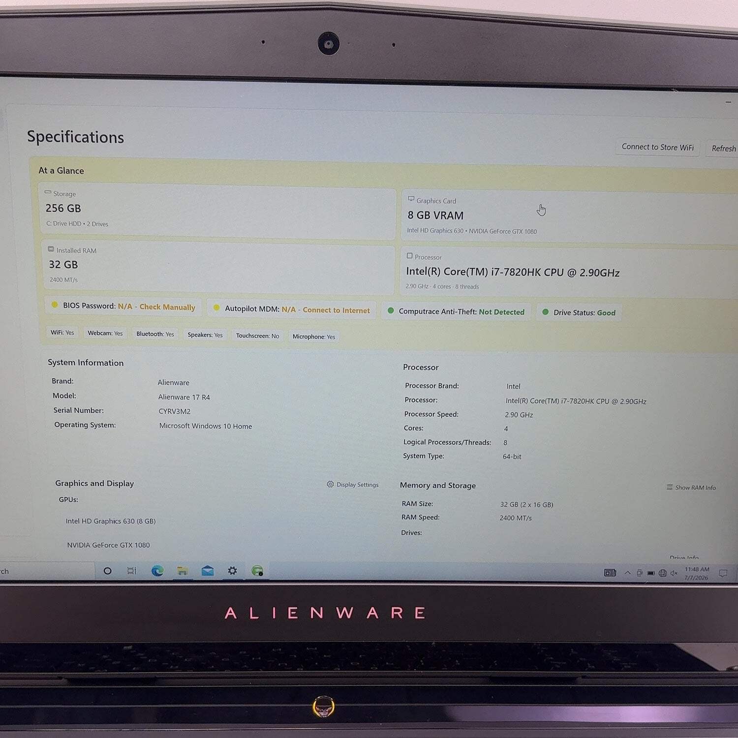 Alienware 17 R4 17.3″ i7-7820HK 2.9GHz 32GB RAM 256GB SSD 1TB HDD