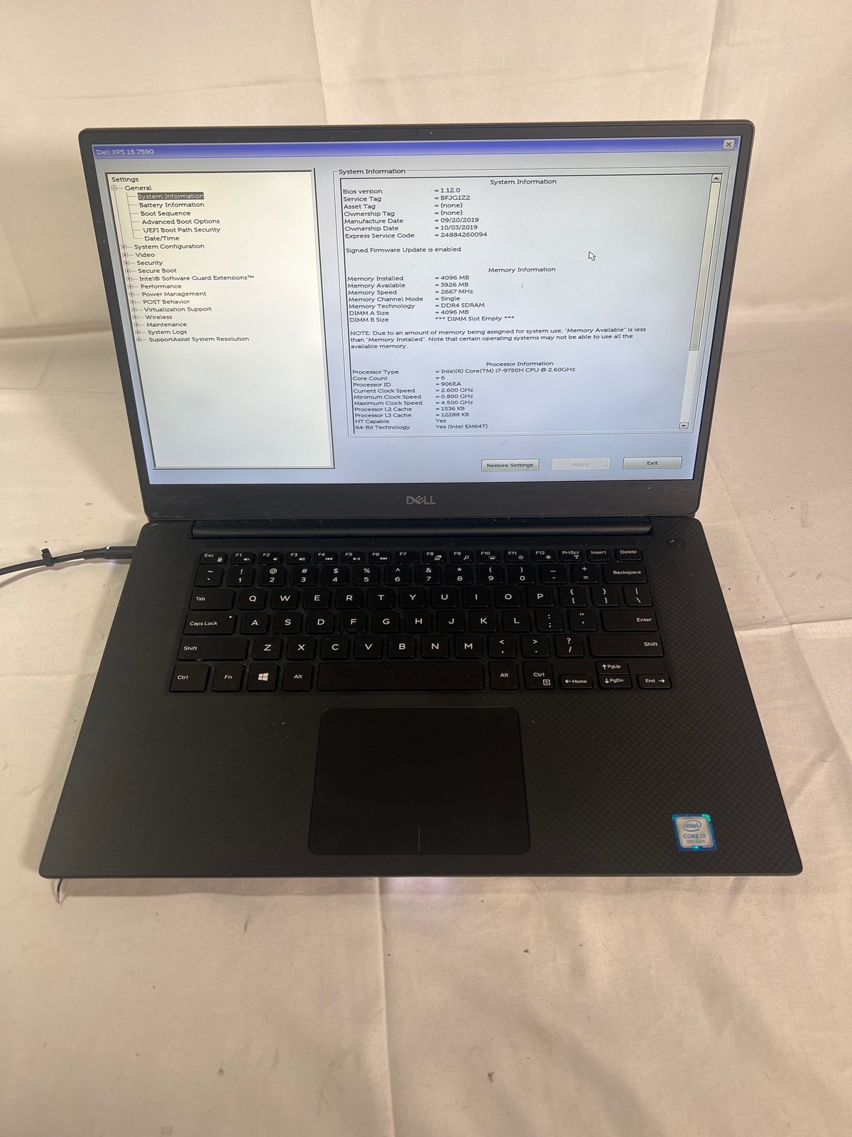 Dell XPS 15 7590 i7-9750H 2.6GHz None No Drive 15.6″ FOR PARTS/REPAIR