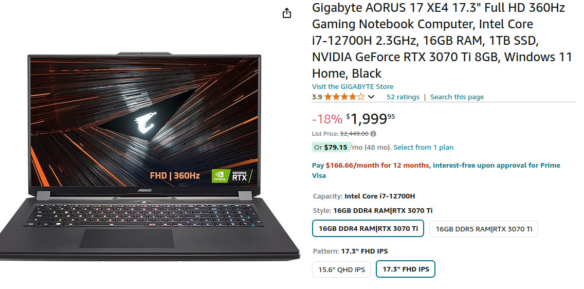 AORUS 17 XE5 17″ i7-12700H 16GB, 1TB SSD, RTX 3070Ti 8GB, Gaming Laptop WIN 11 H