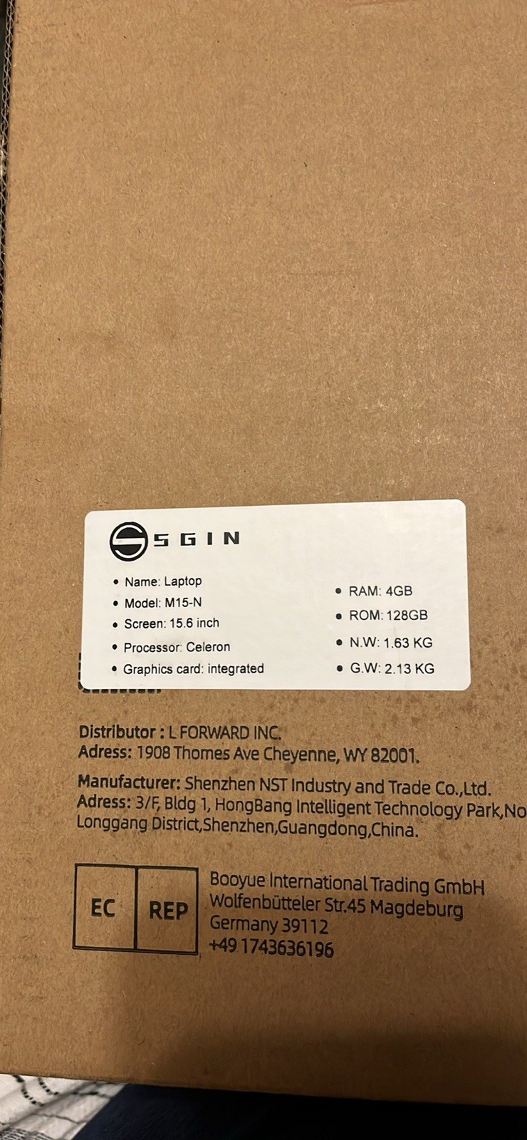 Intel Celeron Laptop 15.6” 4 GB Model Number M15-N