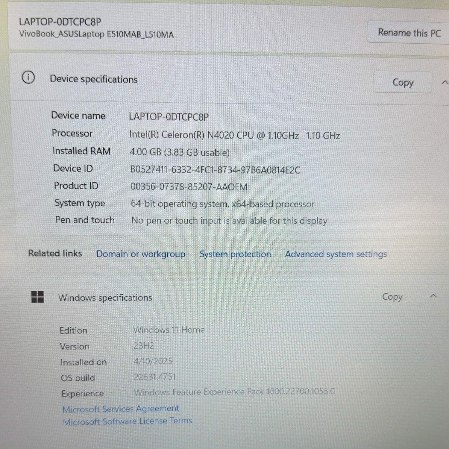 Asus Vivobook Go 15 L510M 15.6″ Celeron N4020 1.1GHz 4GB RAM 64GB SSD
