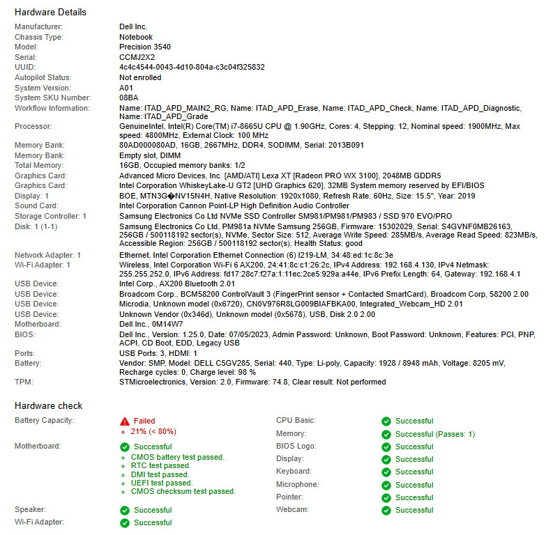Dell Precision 3540, i7-8665U CPU, @ 1.90GHz, 16GB RAM, 256GB NVMe-No OS/AC