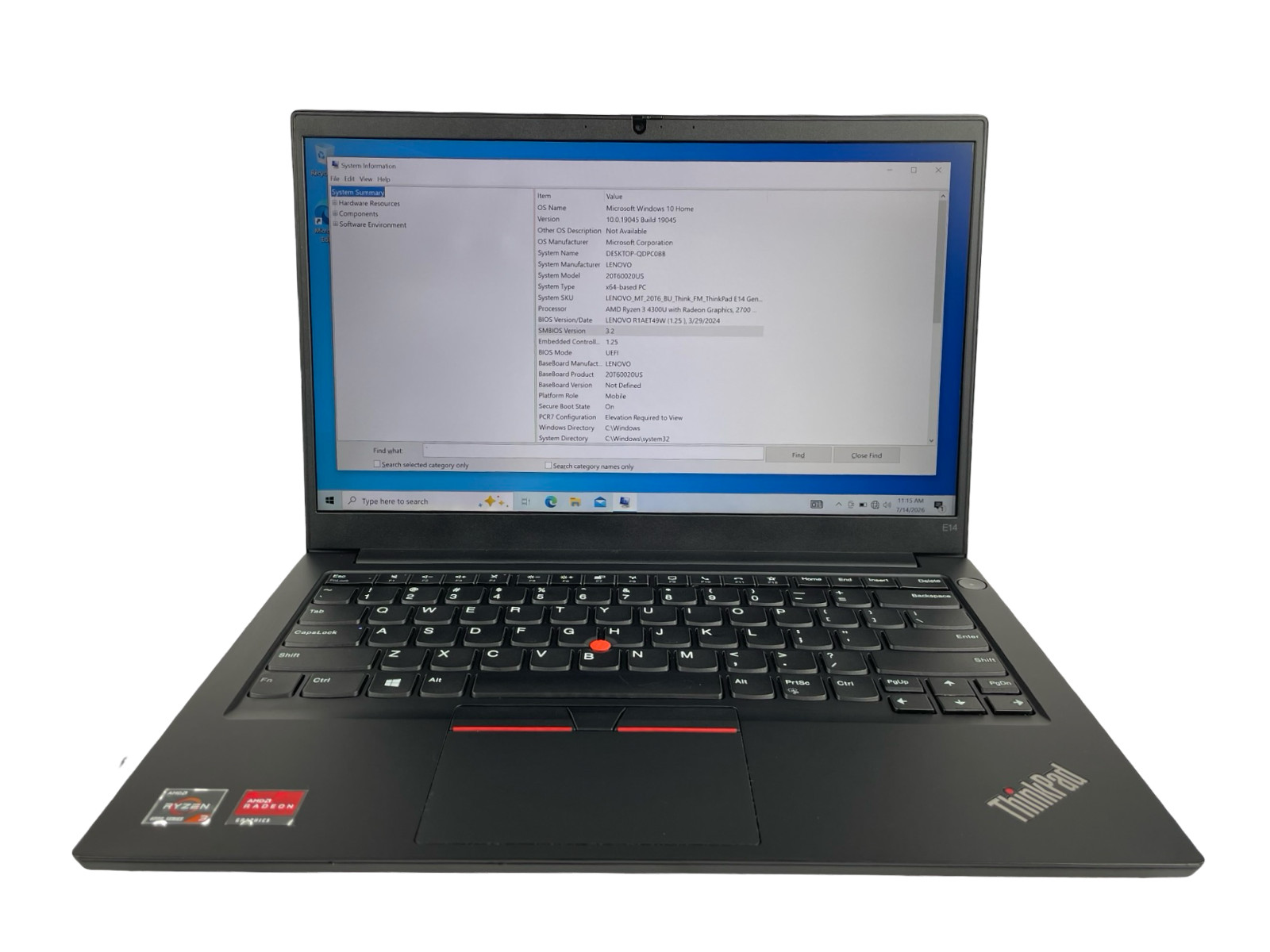 LENOVO THINKPAD E14 GEN 2 |RYZEN 3 4300U|256GB NVME | 12 GB W/OUT AC,WIN10HOME