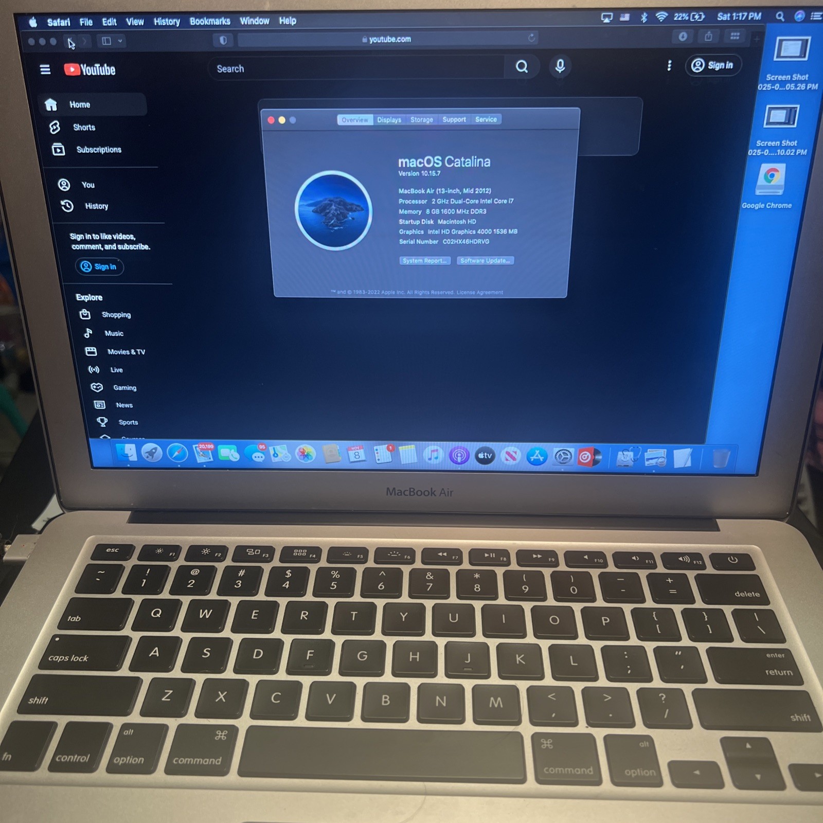 Apple MacBook Air A1466 i7-3667U 2.0GHz 8GB RAM Mid 2012 Catalina Version 10. 15