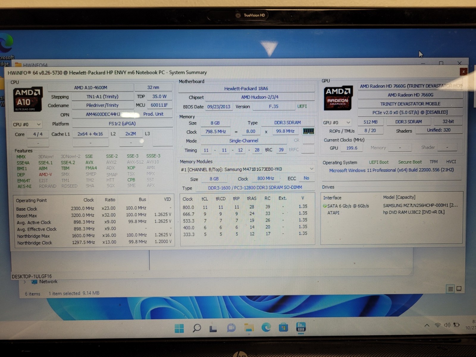 Hp Envy M6 notebook amd a10 4600m 2300mhz 8gb ram 256gb ssd charger CND3140H8J