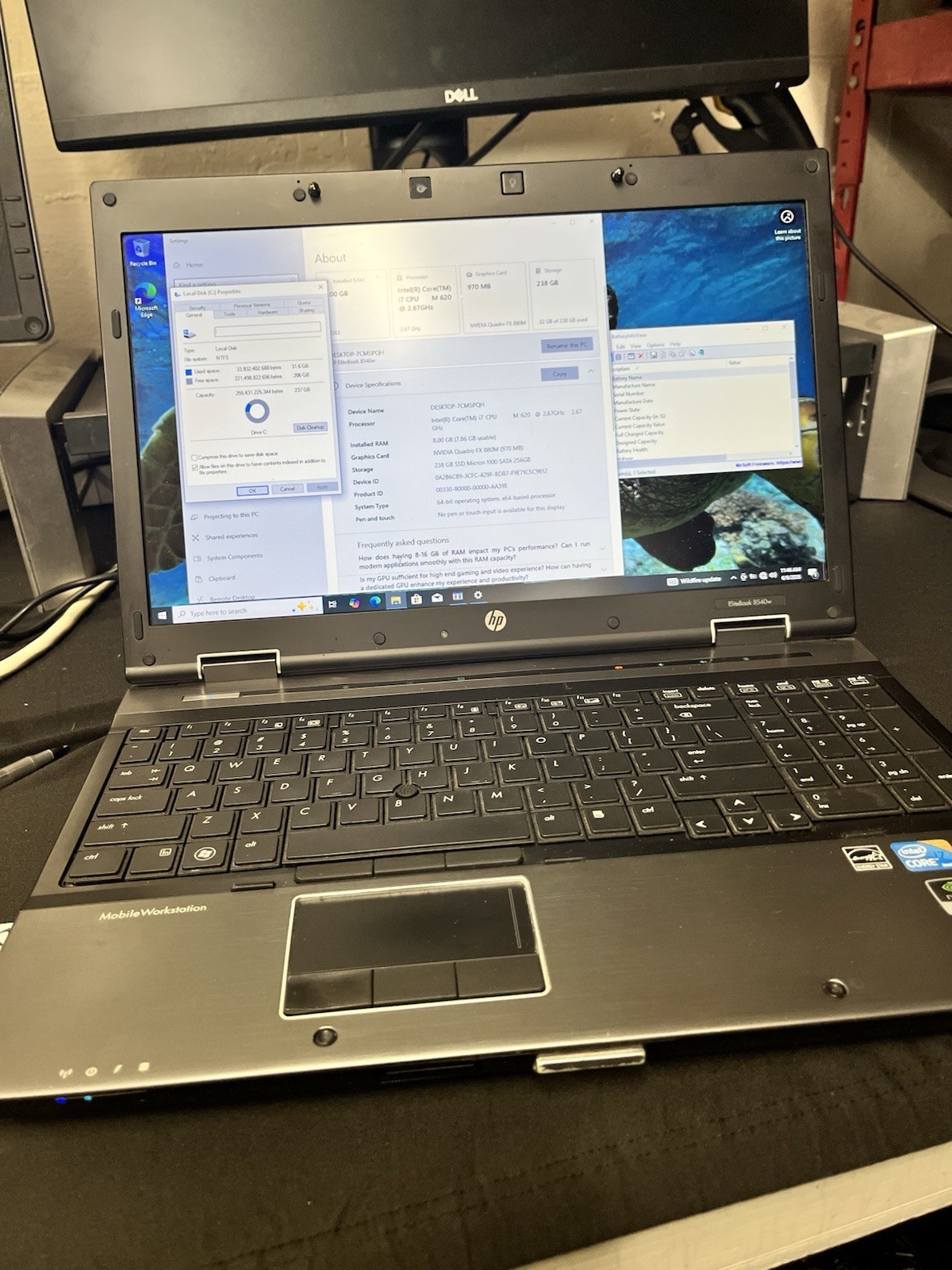 HP EliteBook 8540W Intel i7-M620 8GB RAM 256 GB HDD W10P NVIDIA GPU No Battery