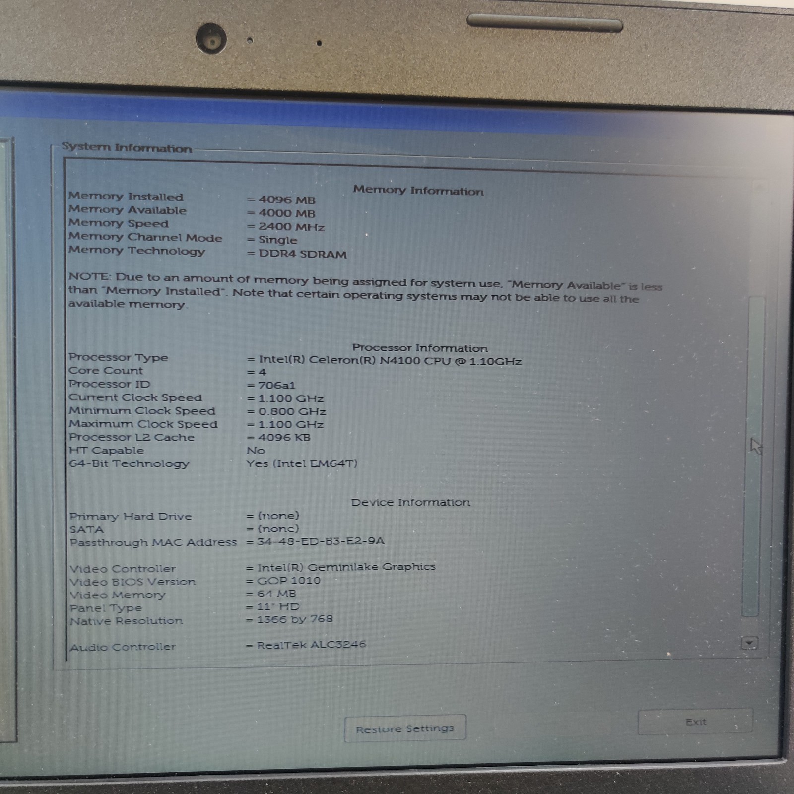 Dell LATITUDE 3190 11″ CELERON PROCESSOR N4100 4GB FOR PARTS READ DESCRIPTION