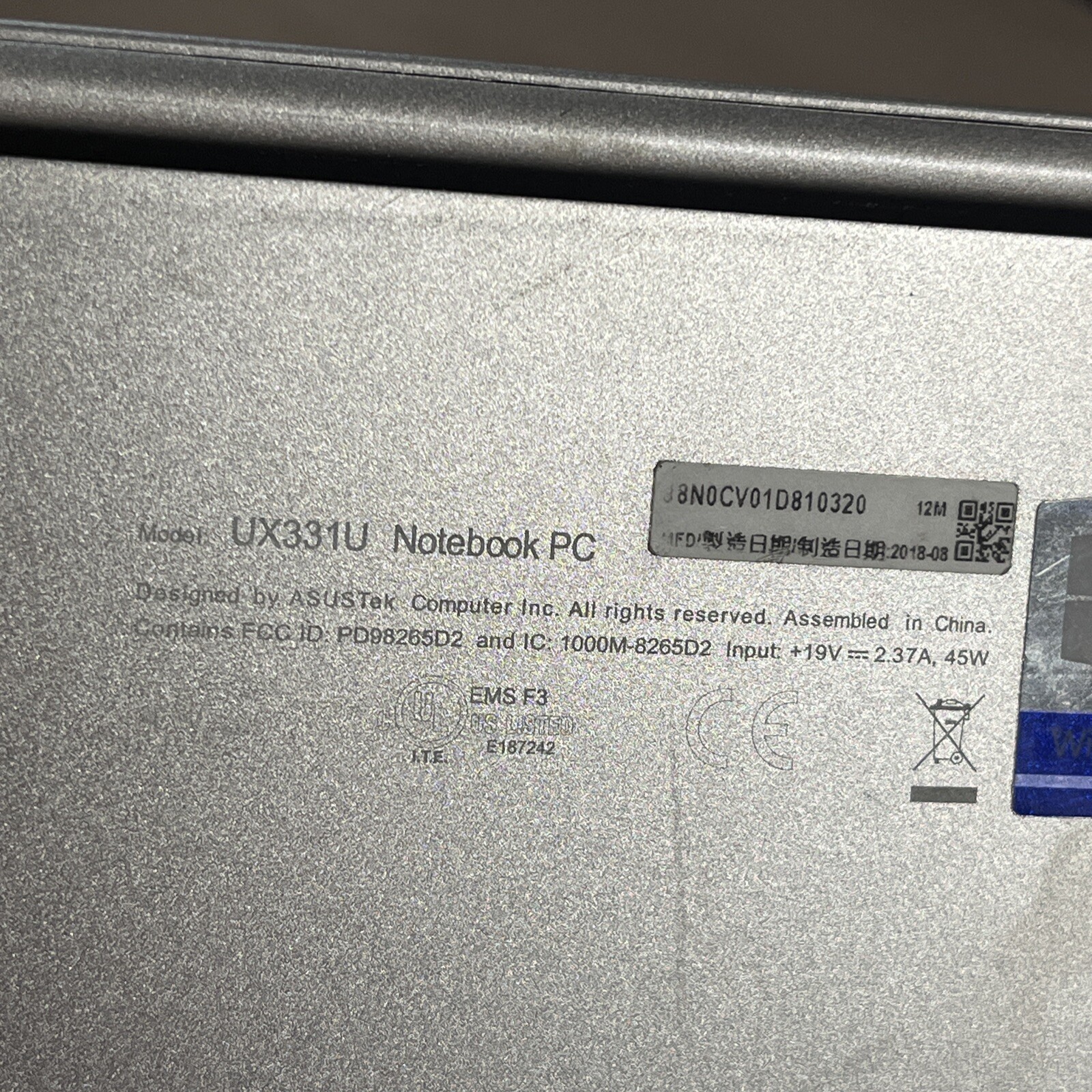 ASUS UX331U NOTEBOOK INTEL CORE I5 8TH GEN 8GB RAM NO HD