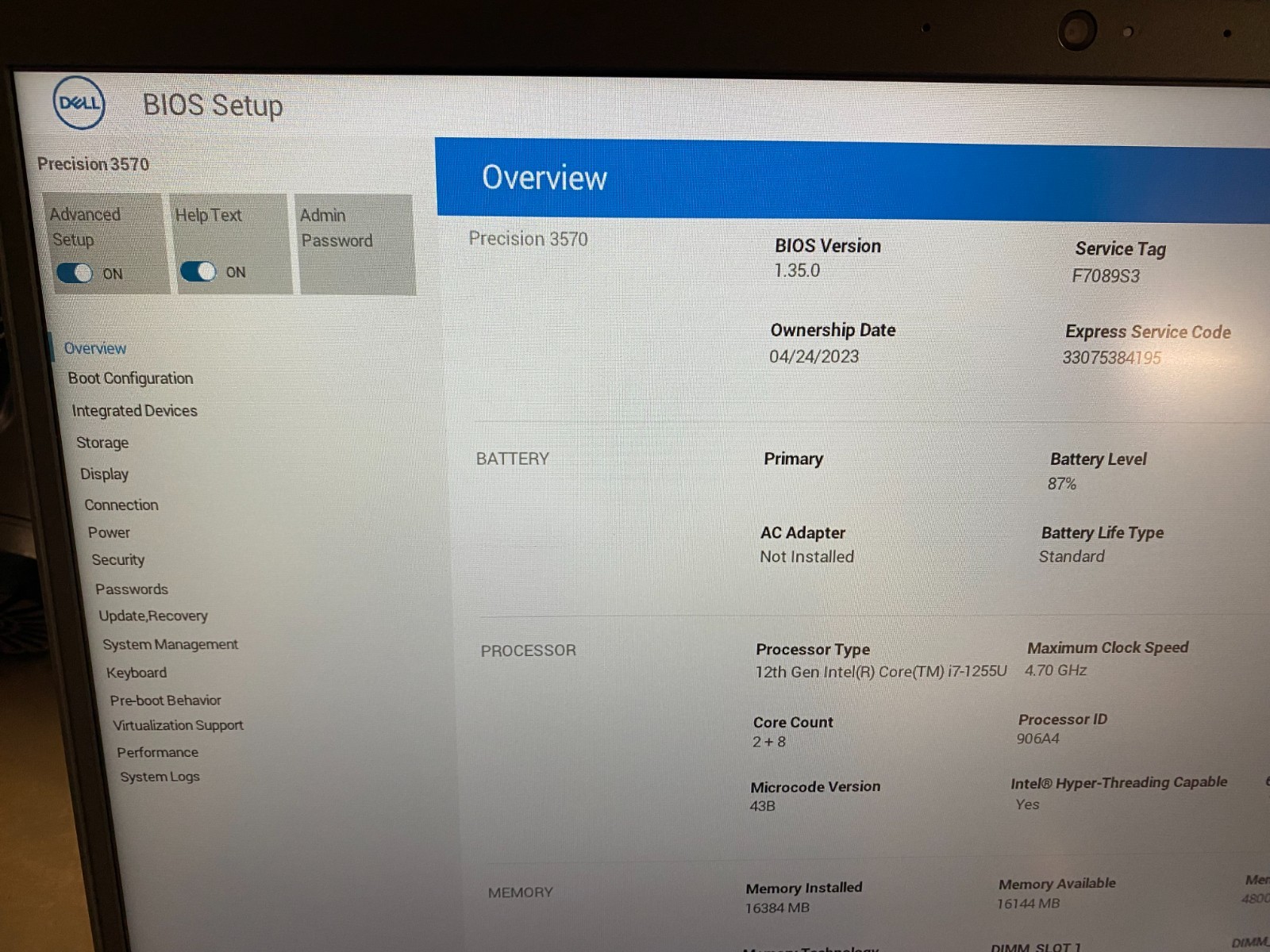 DELL PRECISION 3570 15.6′ i7-1255U 16GB DDR5 RAM 256GB NVMe NVIDIA T550+CHARGER