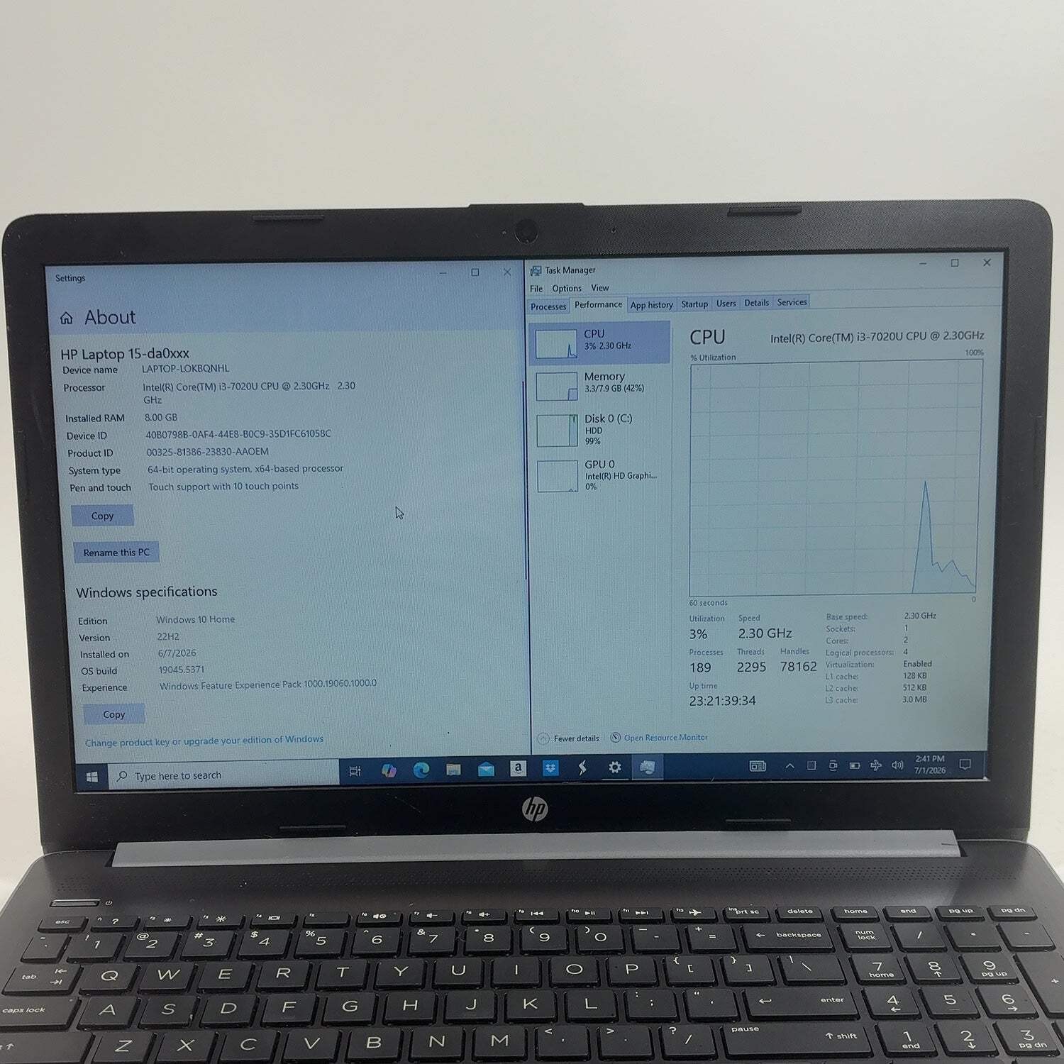 HP Laptop 15-DA0XXX 15.6″ i3-7020U 2.3GHz 8GB RAM 1TB HDD