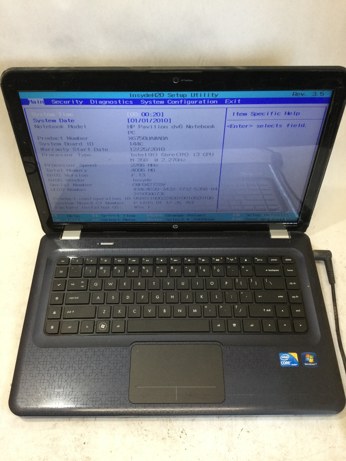 HP PAVILION DV6 – BOOTS TO BIOS – INTEL I3 M350 – 4GB RAM – READ DESCRIPTION -BB