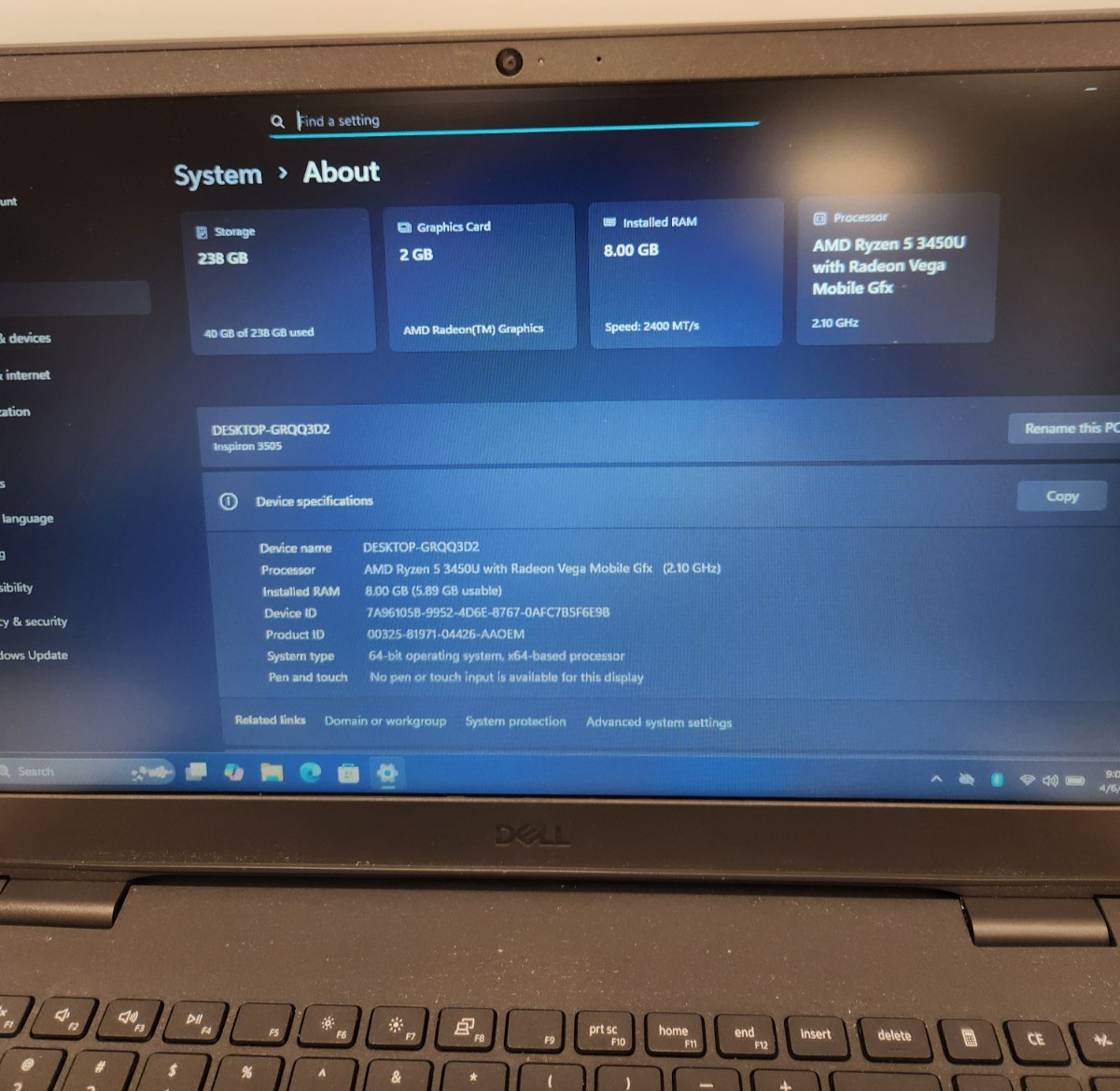 Dell Inspiron 3505 AMD Ryzen 5 3450U, 8GB RAM, 256GB NVME, Win11 #0444